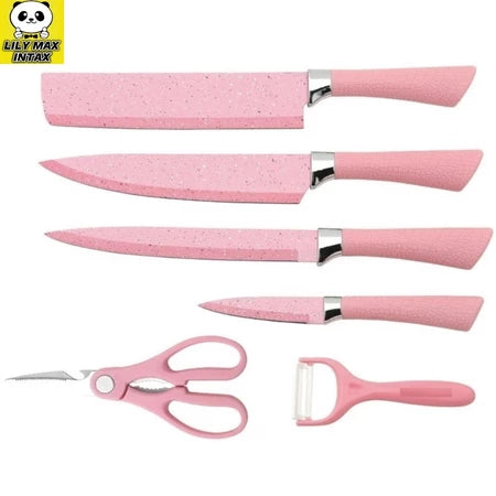 Jogo De Facas Inox Descascador E Tesoura 6 Peças Rosa