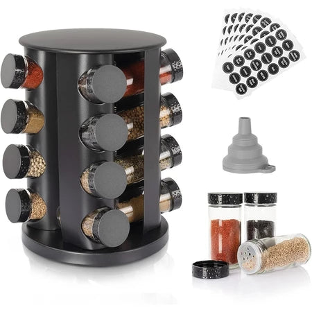 Belifou Porta Tempero Preto Giratorio Com 12 Potes Vidro Suporte Para Especiarias Giratório 360 Graus